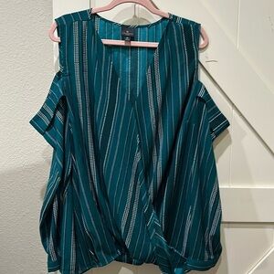 Worthington cold shoulder faux wrap green, white and black blouse.
